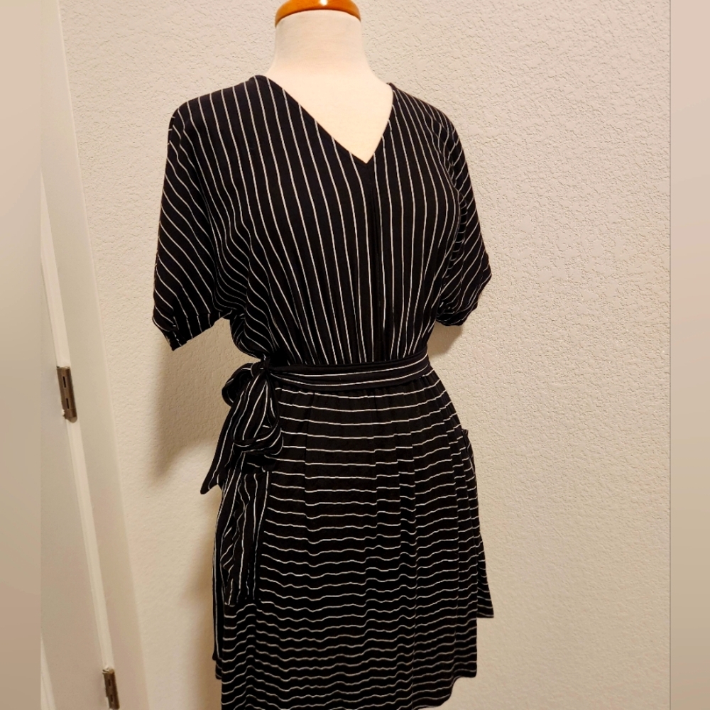 She + Sky Black and White Striped Midi Dress
